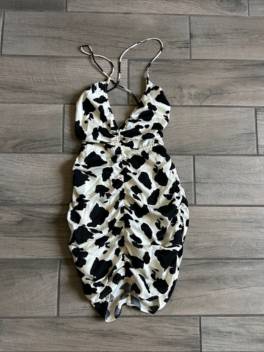 Ruched Cow Print Mini Dress in Black & White